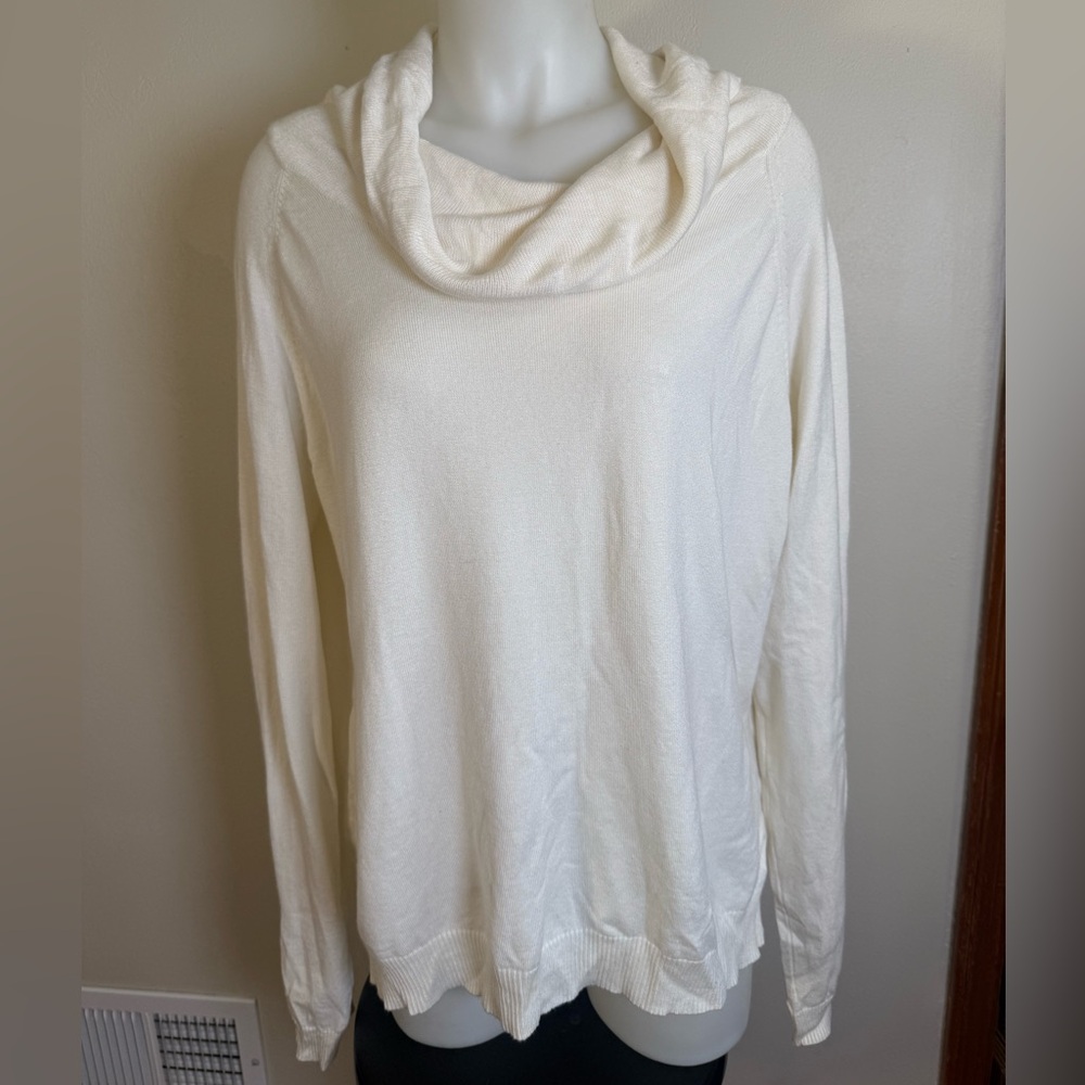 Cyrus Cowl Neck Tunic Sweater Large Fine Knit Ivory Cream White Cozy Oversized